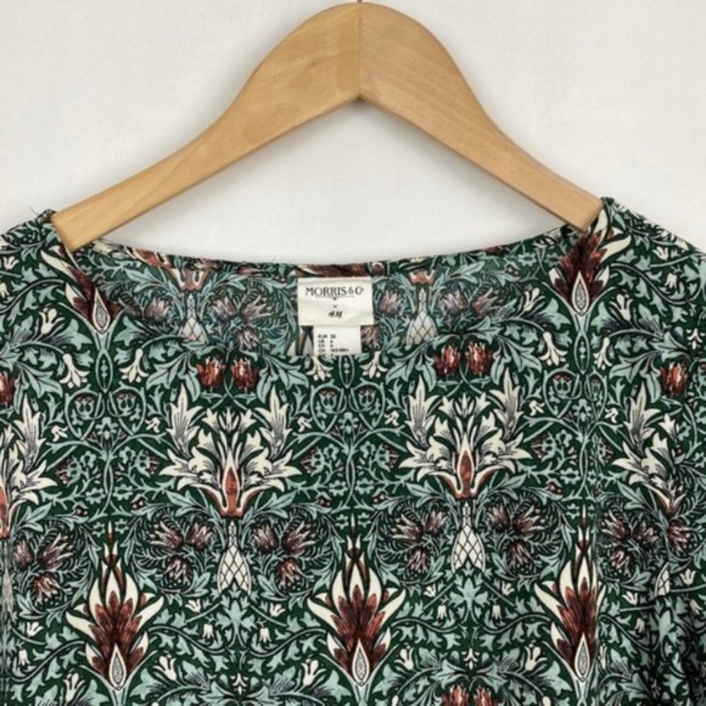 H&M x William Morris & Co 6 Floral Print Tunic Shift Dress Green Tie Sleeves